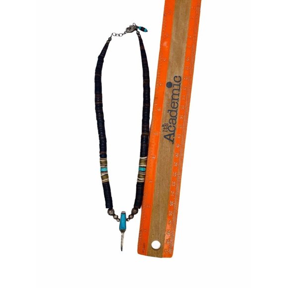 Vintage Navajo Handmade Silver Turquoise Pipestone Beaded Necklace Claw Pendant - Picture 9 of 13